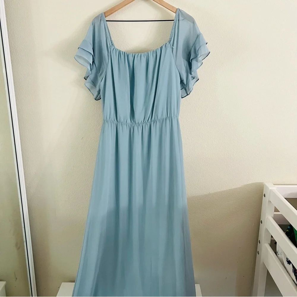 Ceremony by Joanna August Women's Slate Blue Chiffon Maggie Dress Long Med NWT